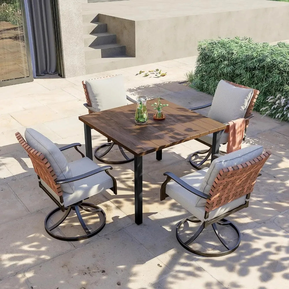 Outdoor 5 Piece Dining Set With Wicker Swivel Chairs Table