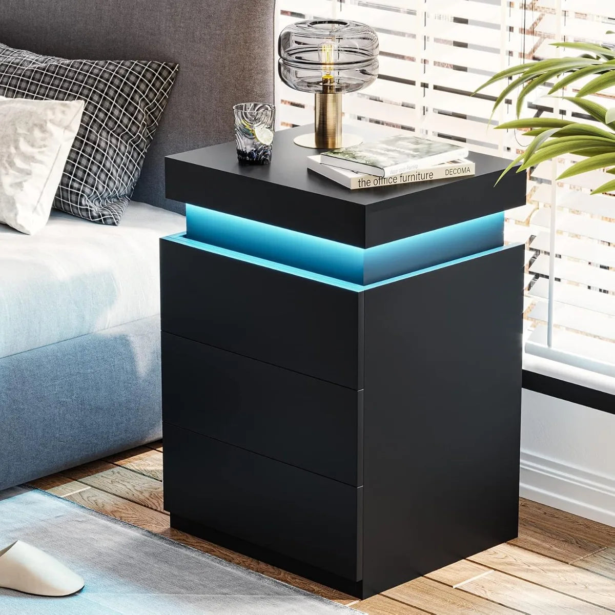 Nightstand With Wireless Charging And LED Lights Sliding Drawer Bedside Table