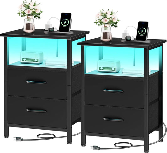 Two Piece Nightstand Set With LED Lights And Charging Station