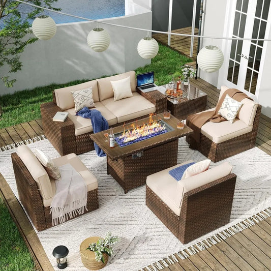 Patio Furniture Set With Fire Pit Table Outdoor Wicker Cushions