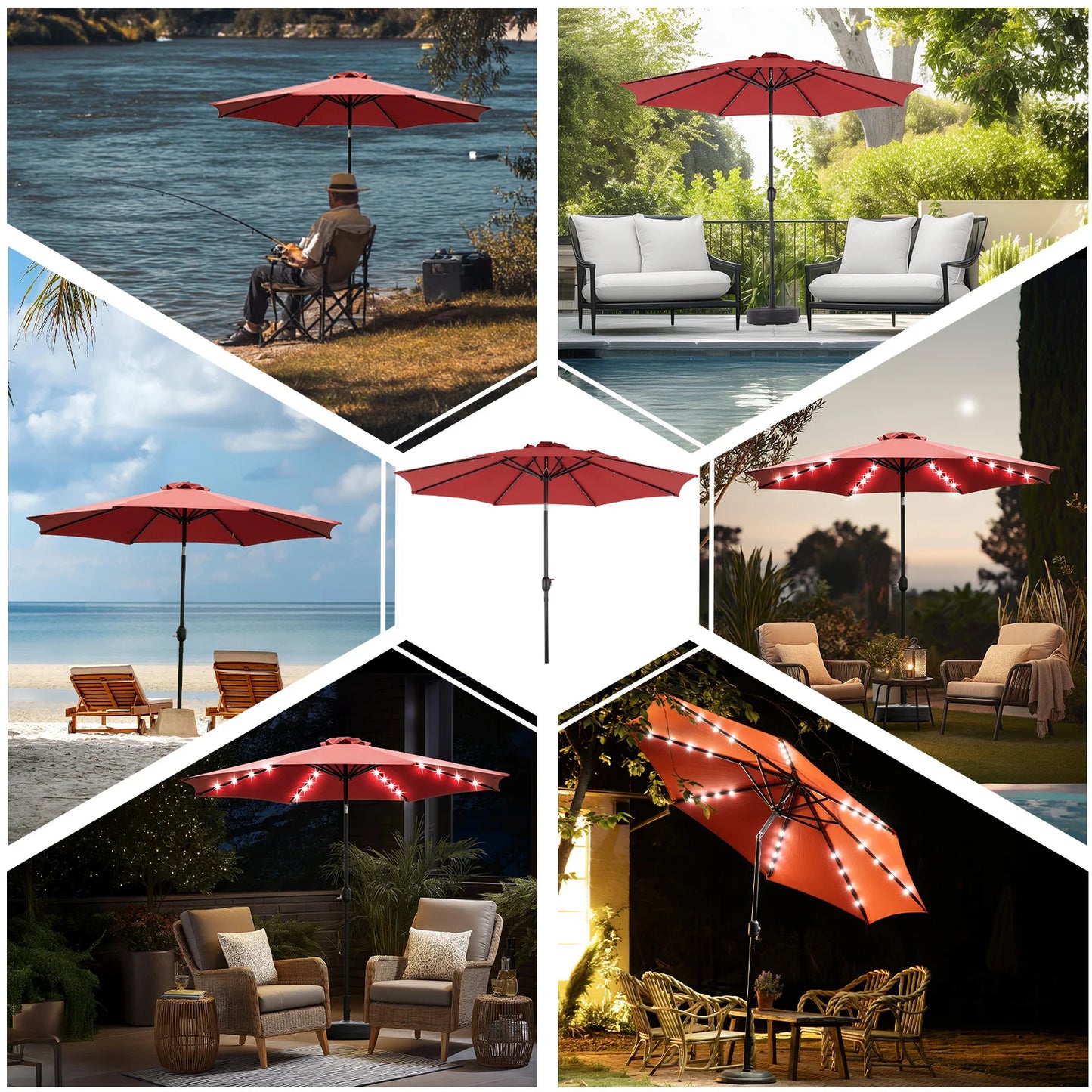 JHK Solar Patio Umbrella With 32 LED Lights UV-Resistant Outdoor