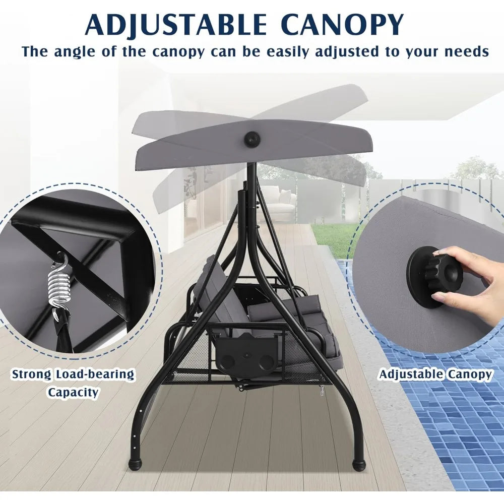 Outdoor Porch Swing With Canopy And Stand 3 Person