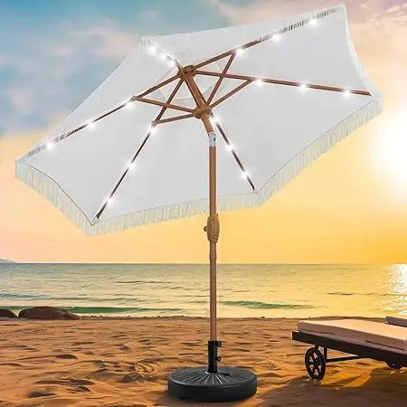 Fringe Patio Umbrella With Base And 18 LED Solar Lights