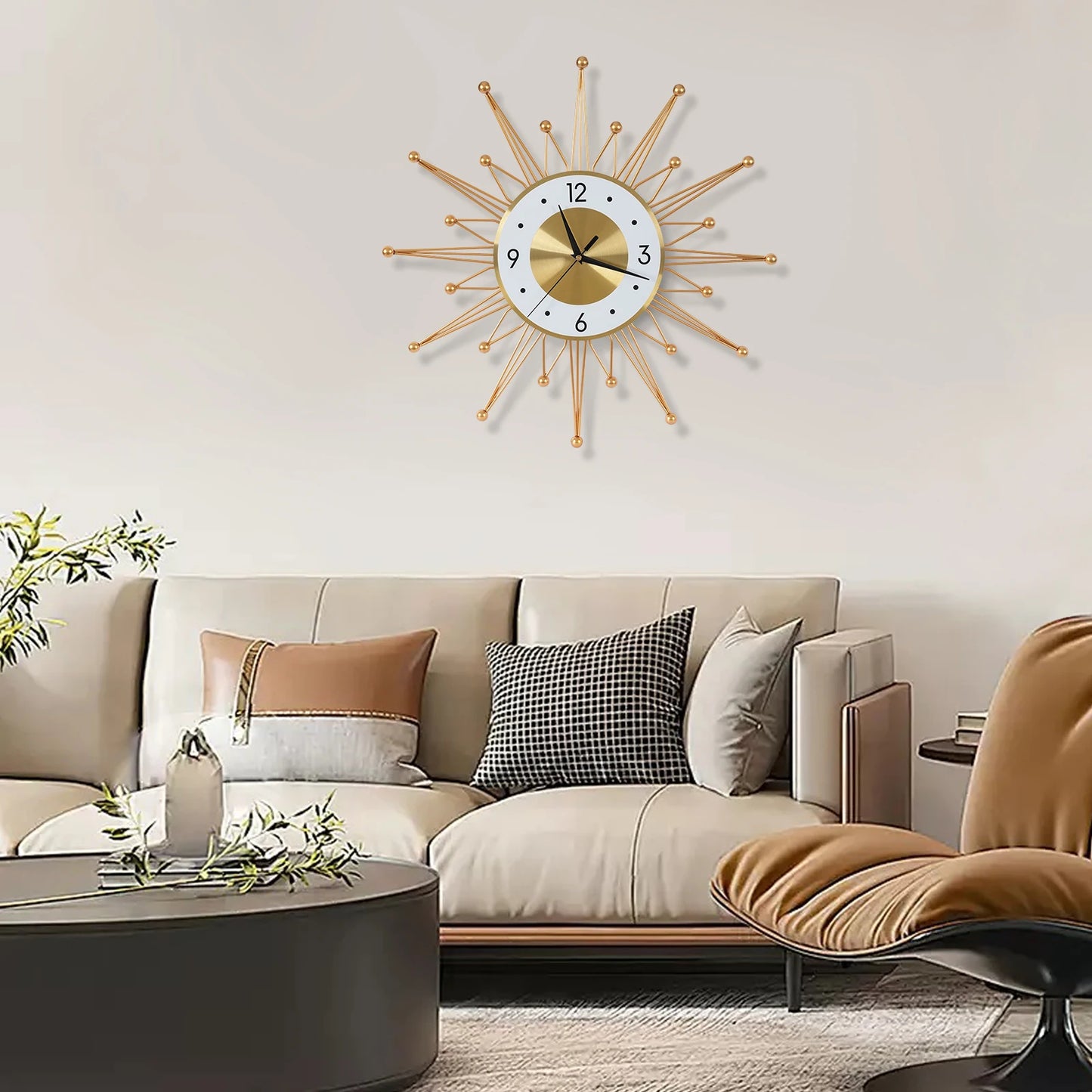NONED Sunburst Iron Wall Clock Battery Powered Living Room Decor