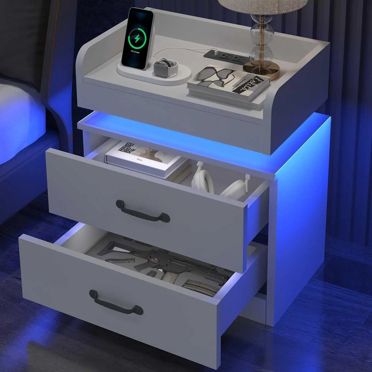 Nightstand Set With 2 Drawers Charging Station And LED