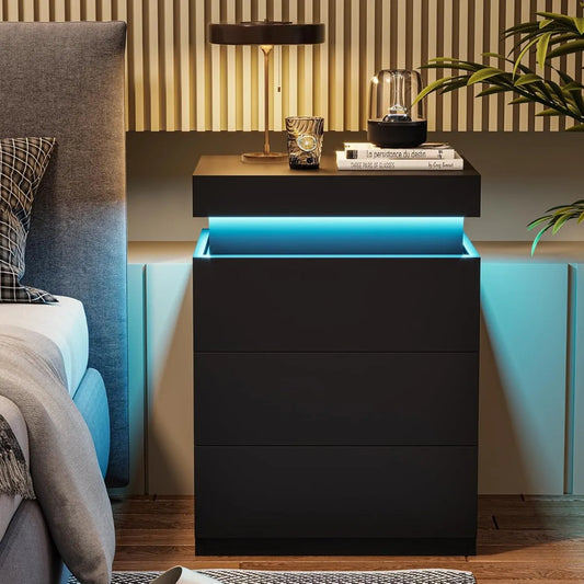 Nightstand With Wireless Charging And LED Lights Sliding Drawer Bedside Table