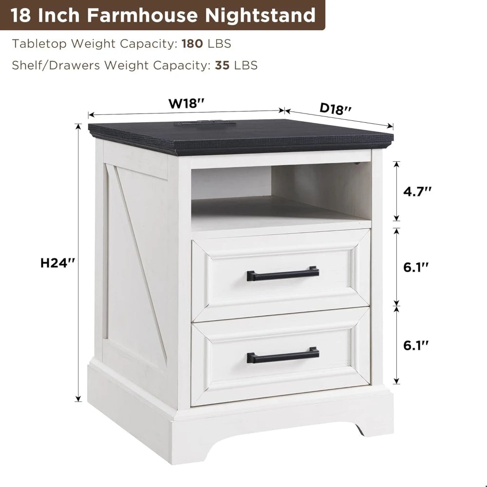 Farmhouse Nightstand With Charging Station And 2 Drawers