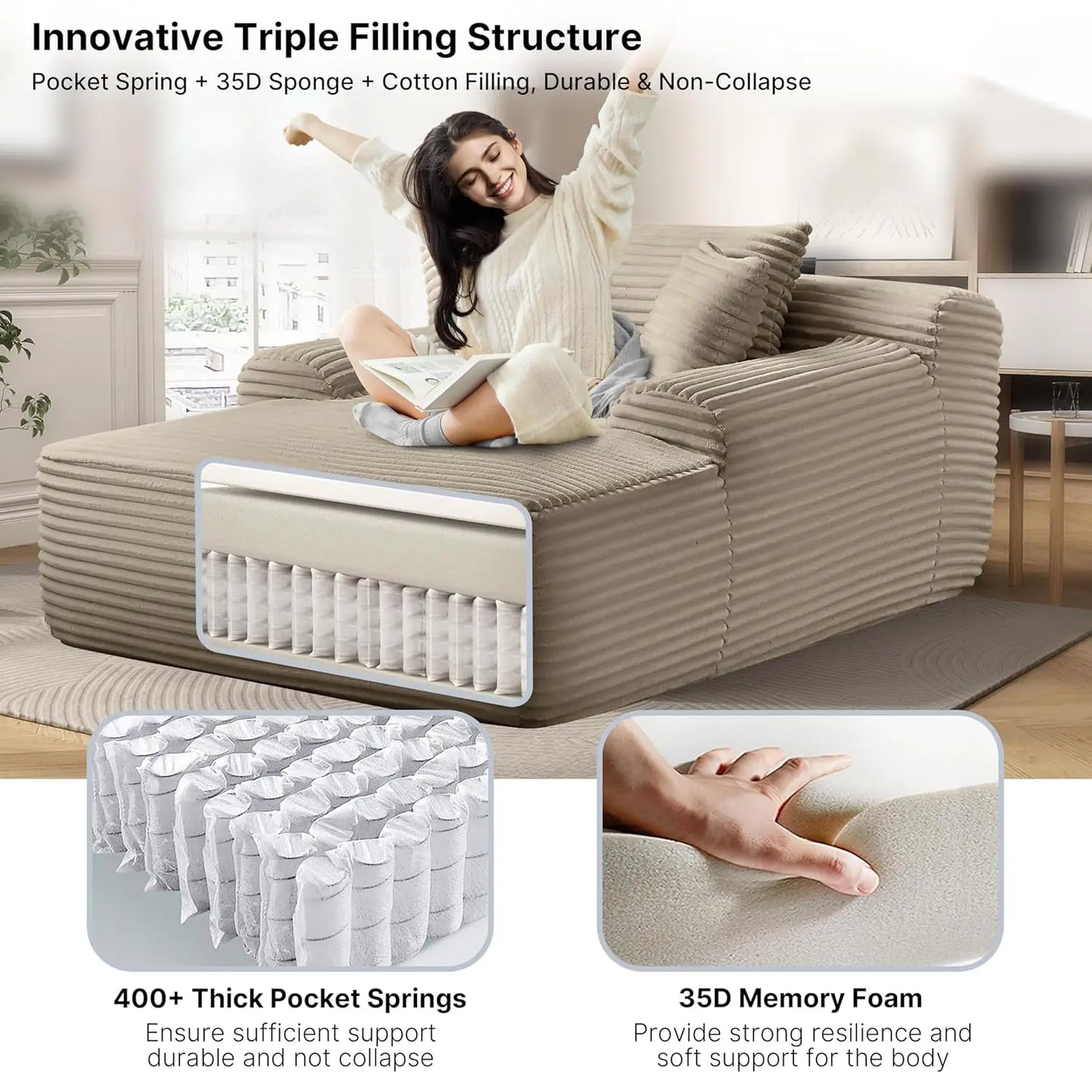 Sofa Chaise Lounge Chair Indoor Plush Corduroy Cloud Couch