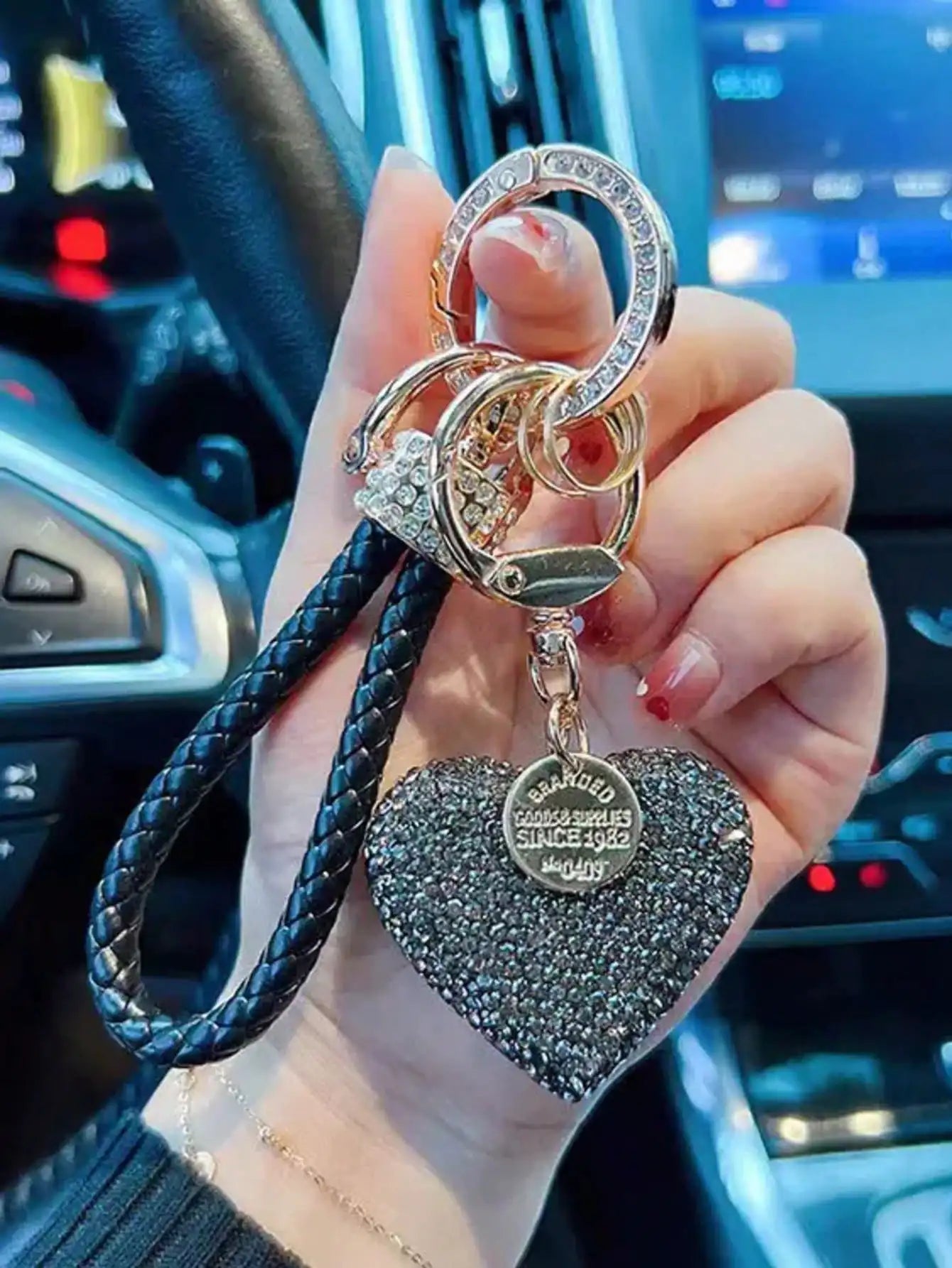 Rhinestone Heart Keychain With Braided Strap Gift For Women