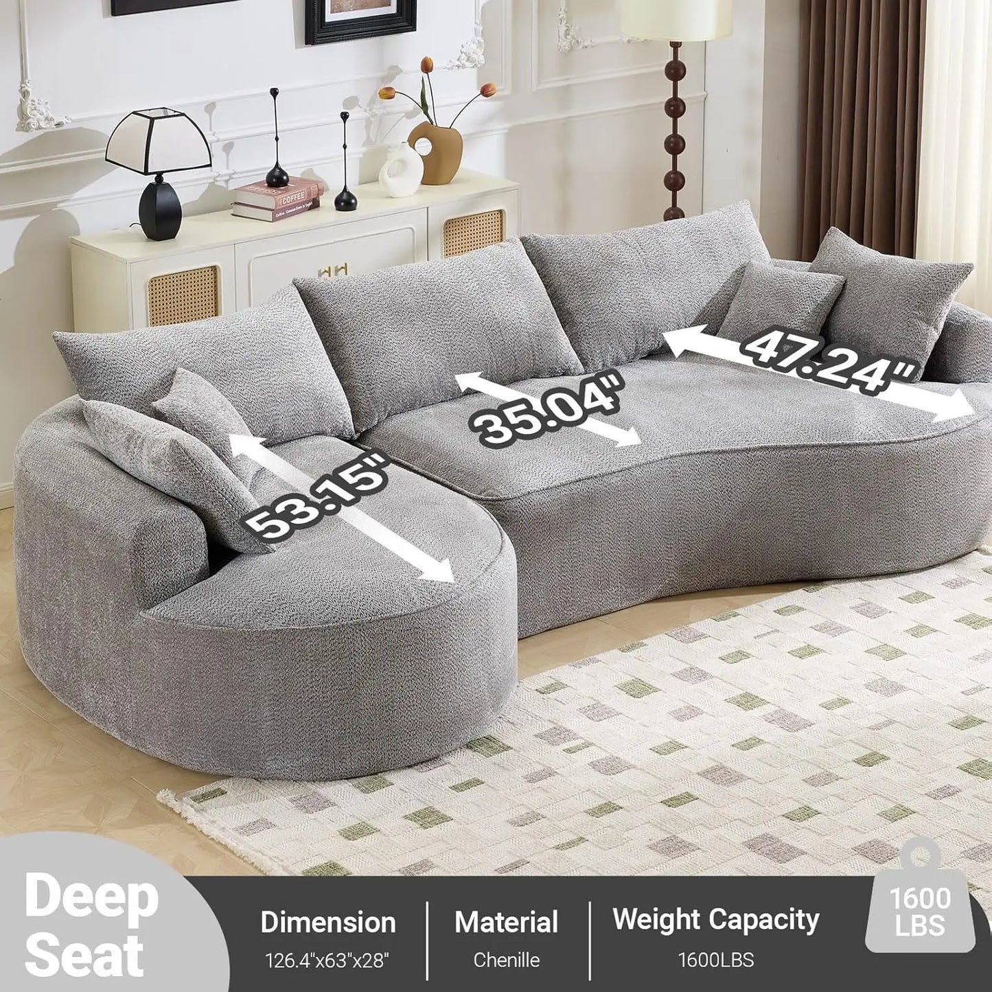 Oversized L Shaped Sectional Sofa With Curved Seat And Pillows