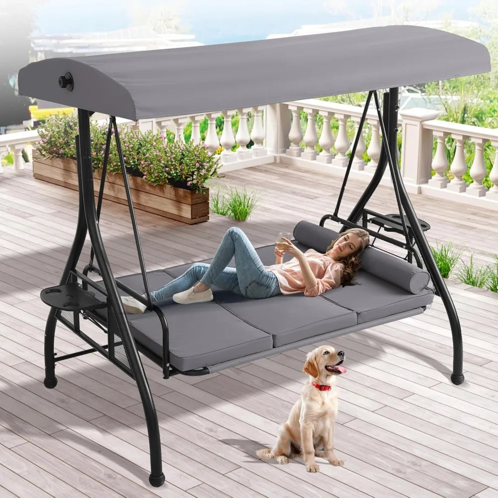 Outdoor Porch Swing With Canopy And Stand 3 Person