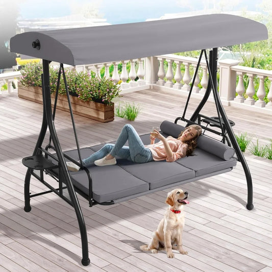 Outdoor Porch Swing With Canopy And Stand 3 Person