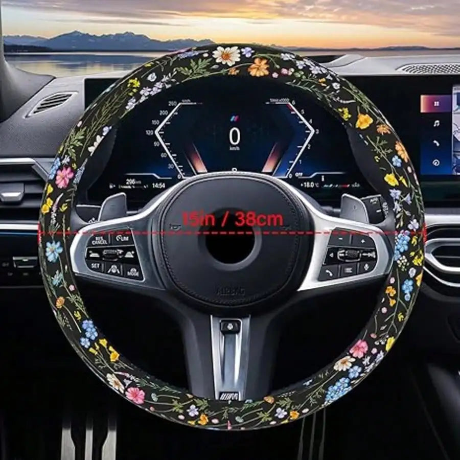 Floral Pattern Steering Wheel Cover for Car Interior Decor