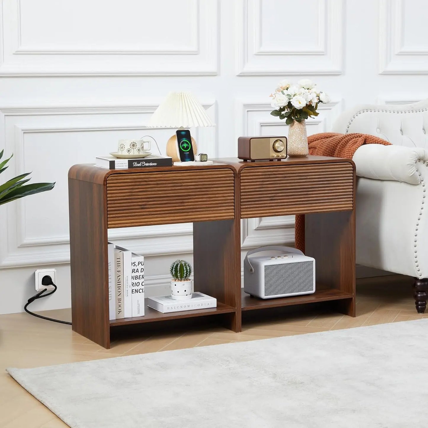 Fluted Nightstand Set Of 2 With Charging Station And Drawer Storage