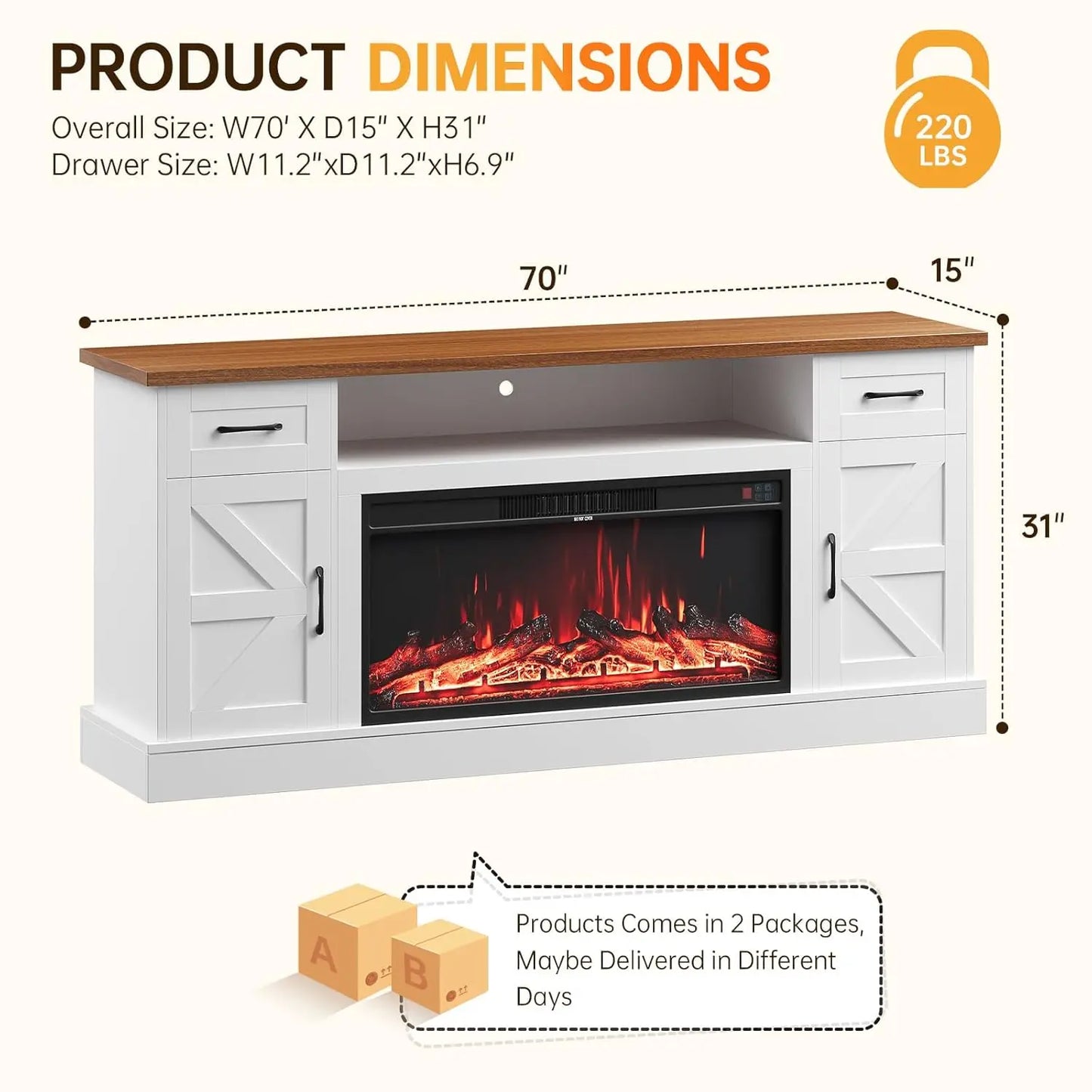 Farmhouse Style Electric Fireplace TV Stand With LED Strip