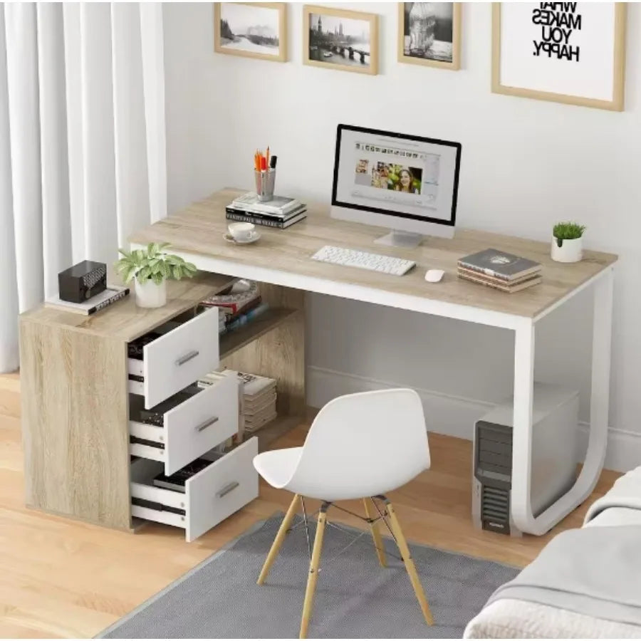 L-Shaped Oak and White Wood Computer Desk With 3 Drawers