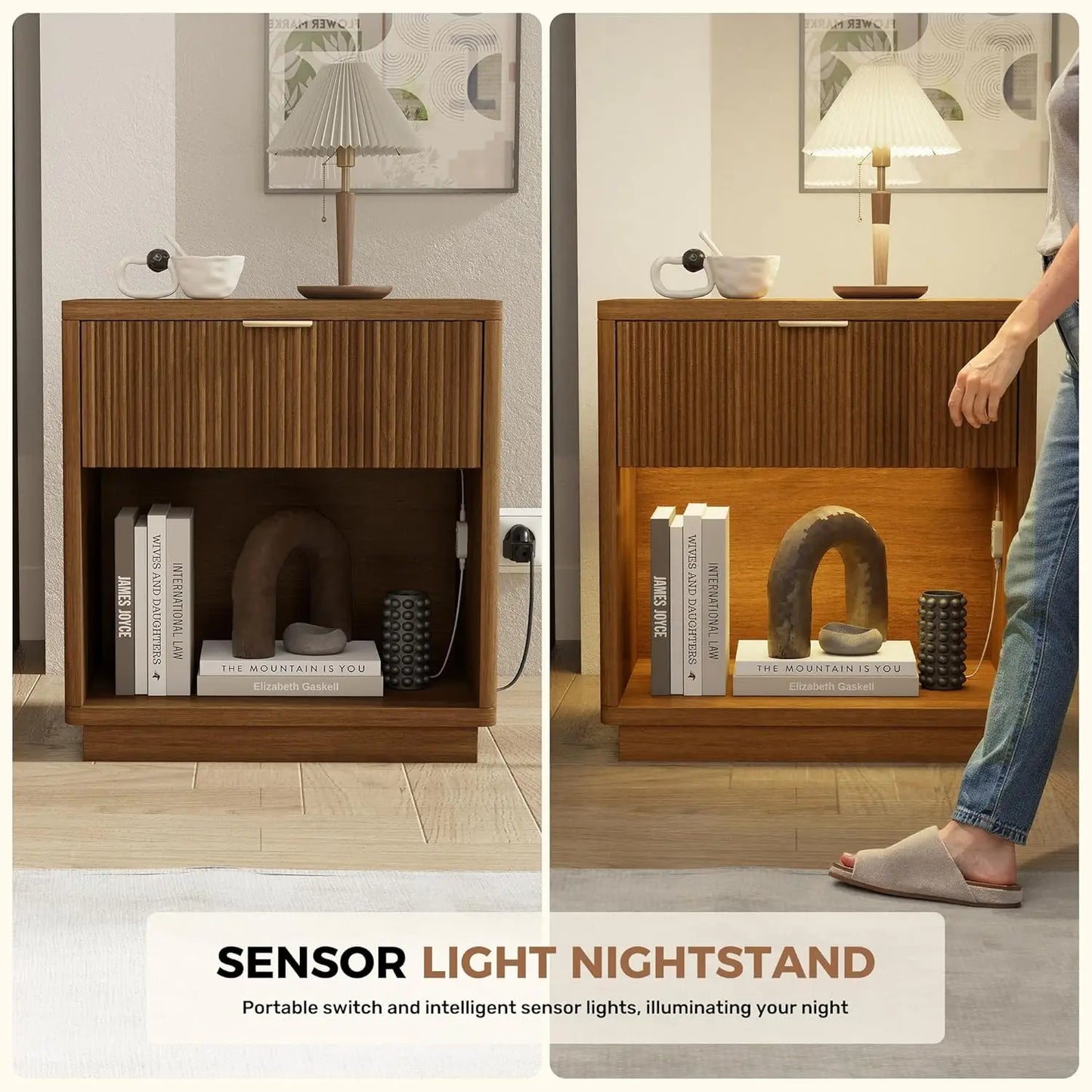 HUANZHUANG Fluted Nightstand With Charging Station Modern Bedside Table