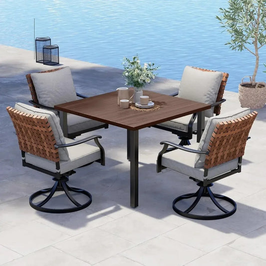 Outdoor 5 Piece Dining Set With Wicker Swivel Chairs Table