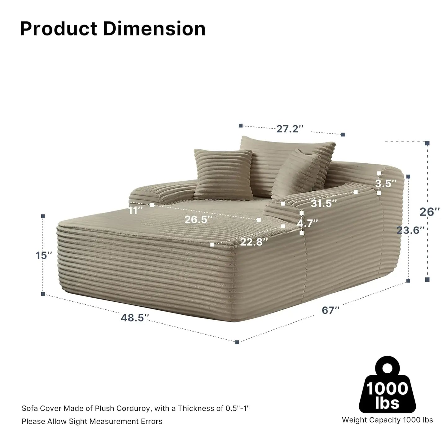 Sofa Chaise Lounge Chair Indoor Plush Corduroy Cloud Couch