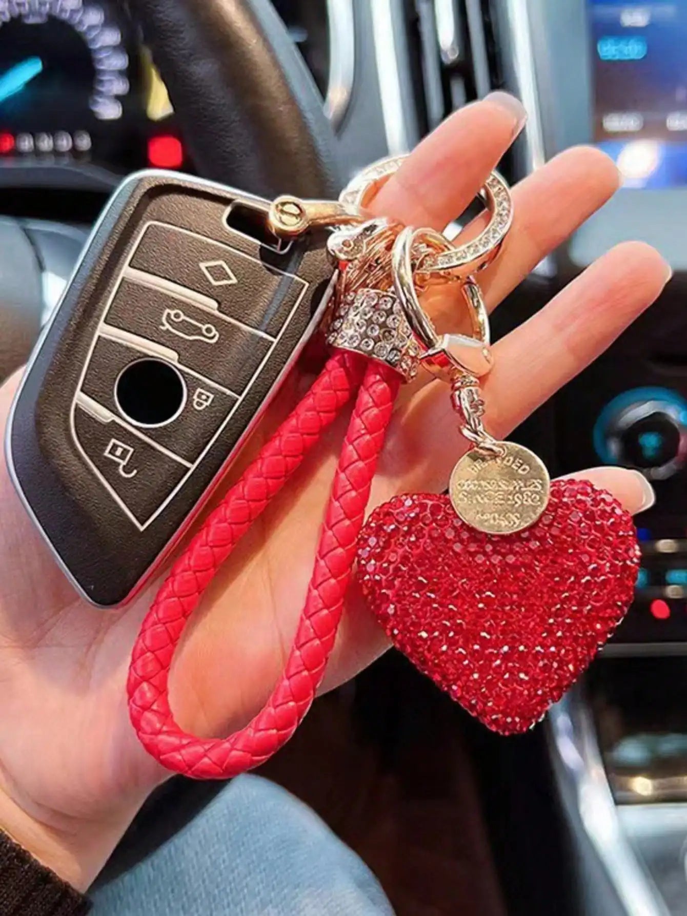 Rhinestone Heart Keychain With Braided Strap Gift For Women