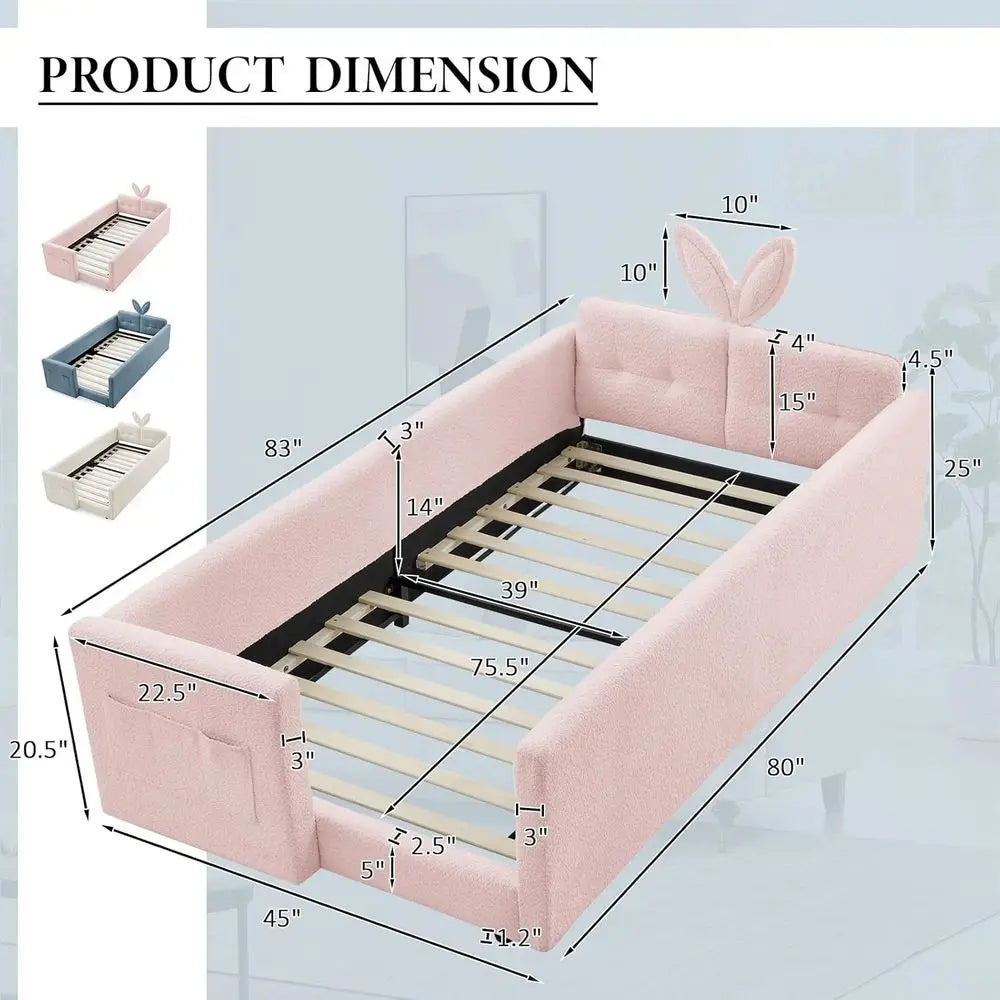 Kids Upholstered Daybed Floor Bed Safety Rails Rabbit Ear Headboard