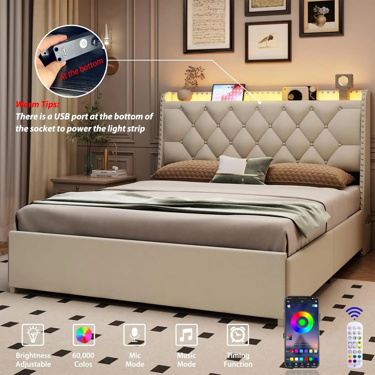 Bed Frame With Storage Headboard LED Lights And USB Charging