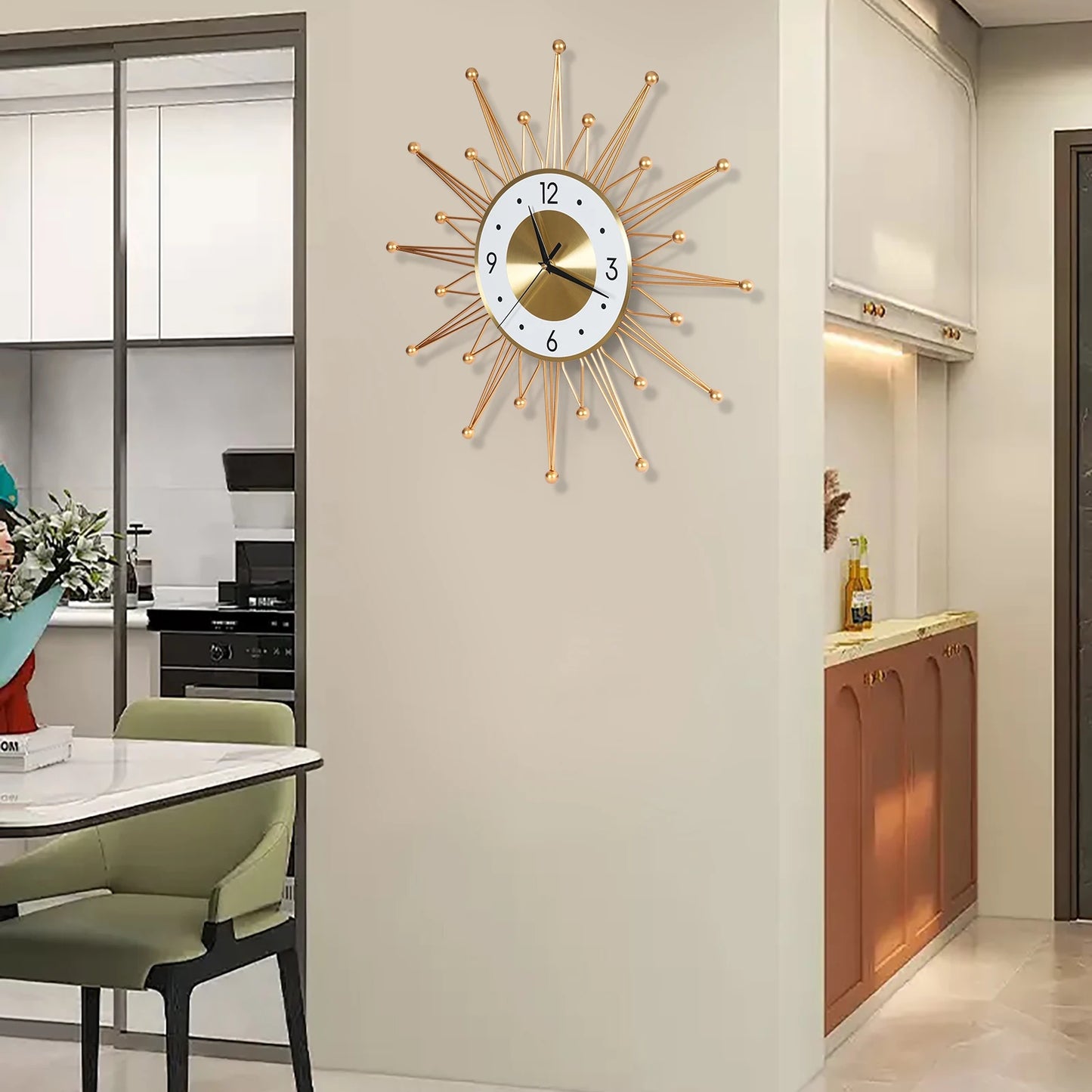 NONED Sunburst Iron Wall Clock Battery Powered Living Room Decor
