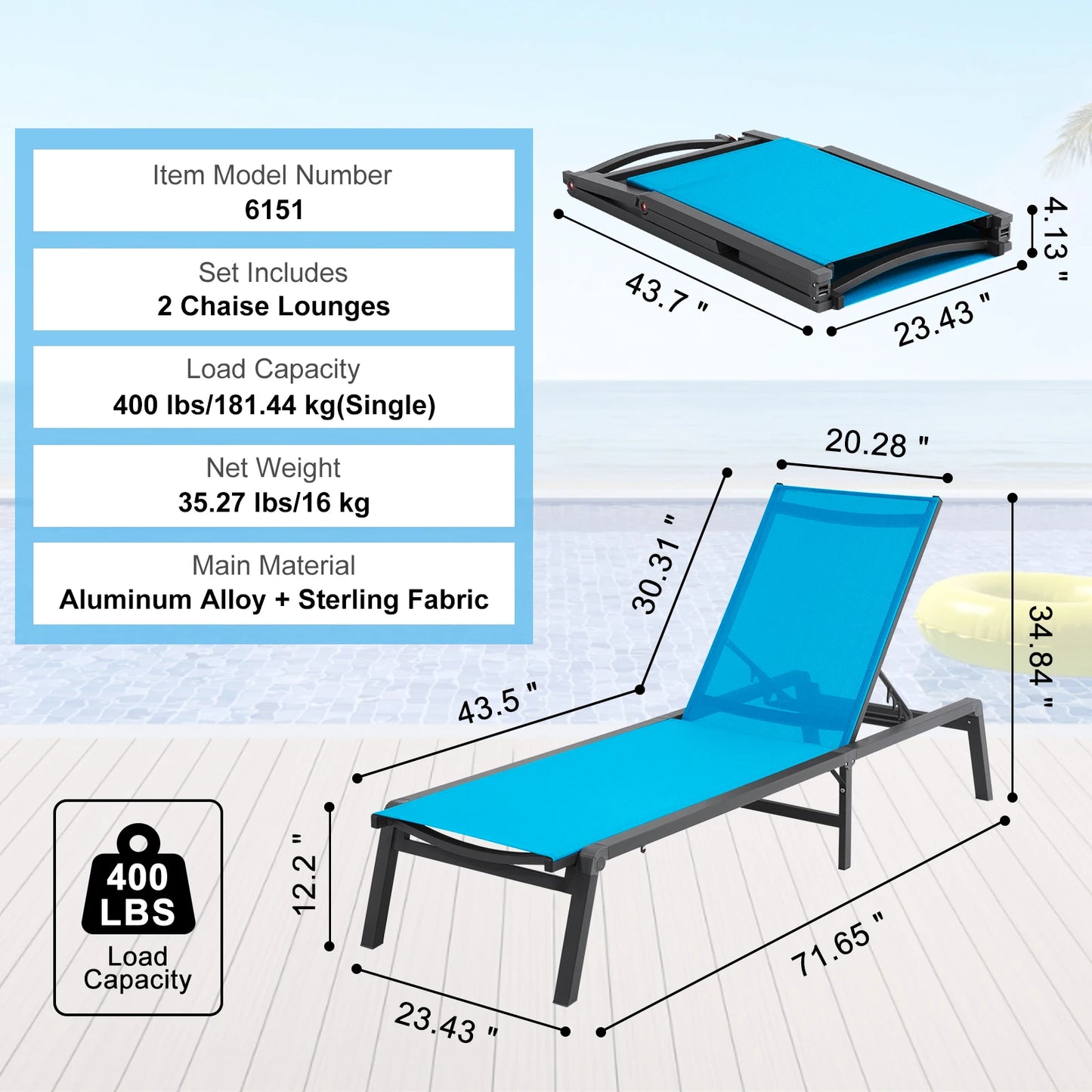 Chaise Lounge Chair Outdoor Aluminum Patio Folding Pool Recliner
