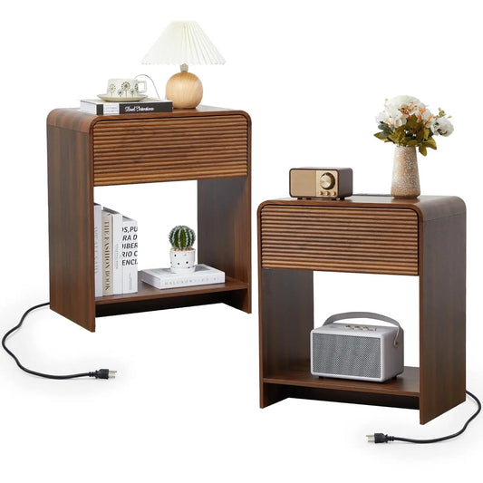 Fluted Nightstand Set Of 2 With Charging Station And Drawer Storage