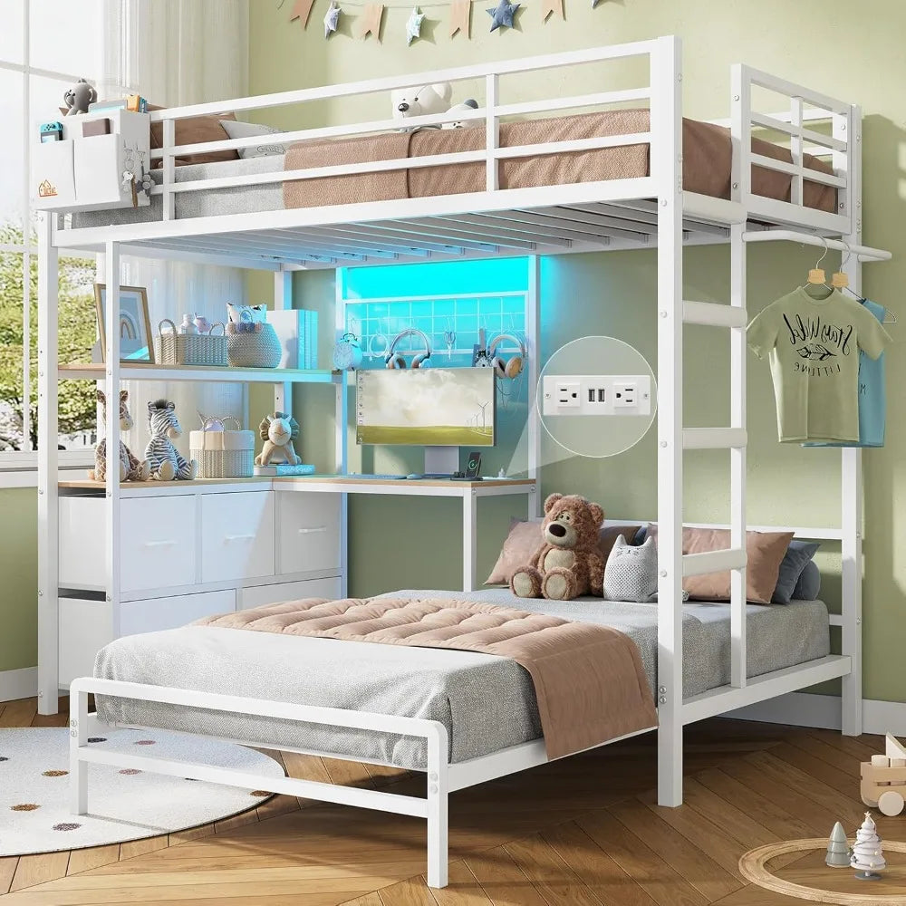 Metal Bunk Bed With L Shaped Desk And LED Lights