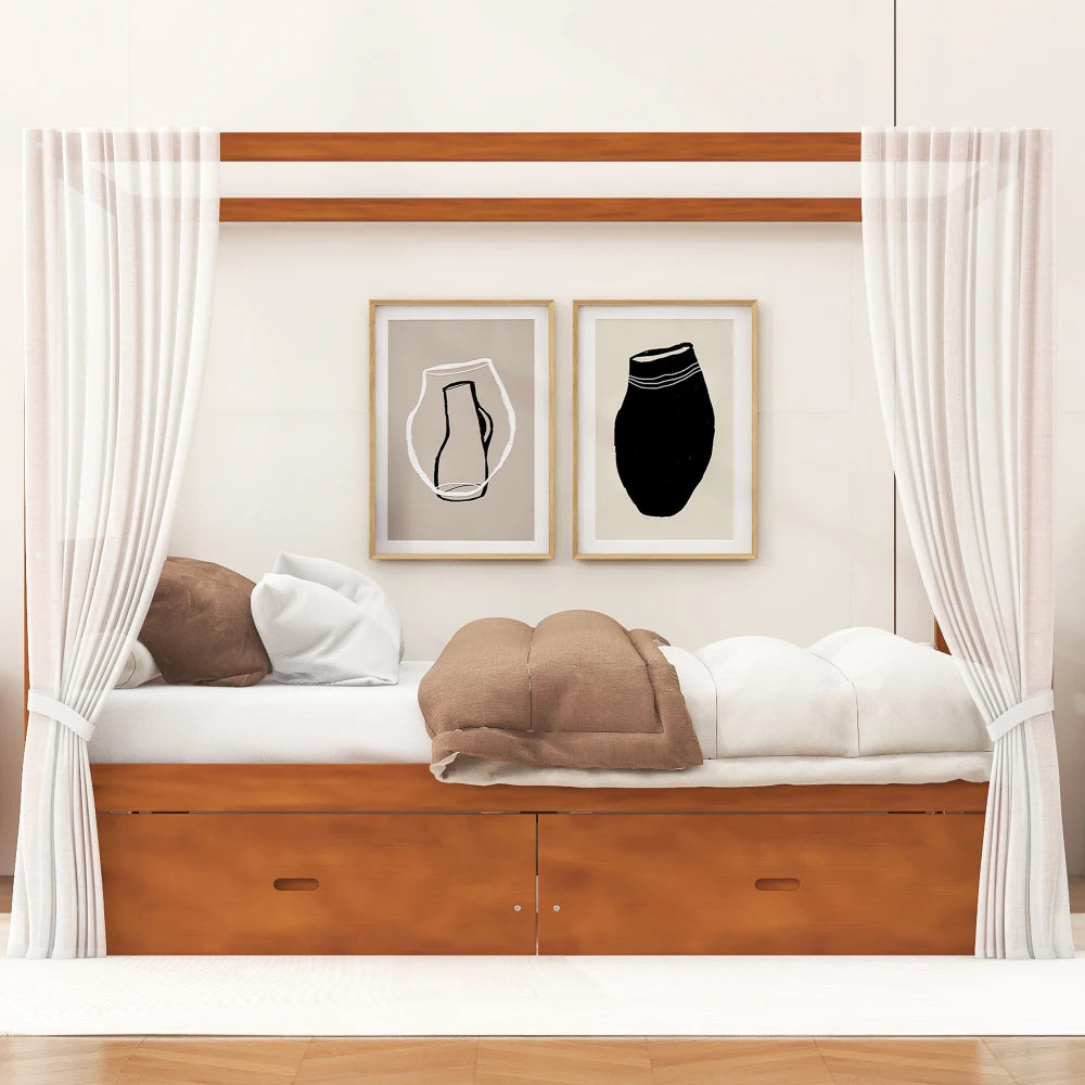 Wooden Canopy Bed With Builtin Storage Drawers For Bedroom