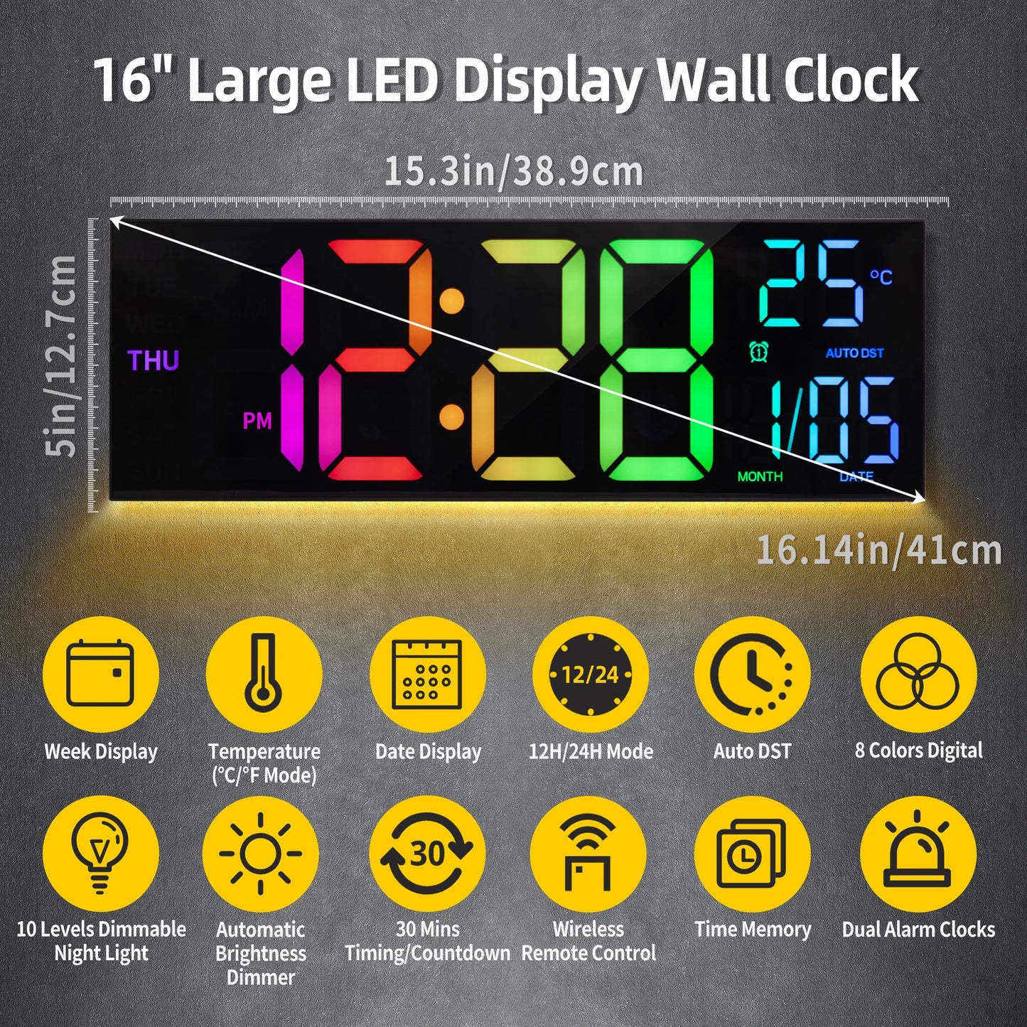 Digital Wall Clock With LED Display Alarm Remote Temperature