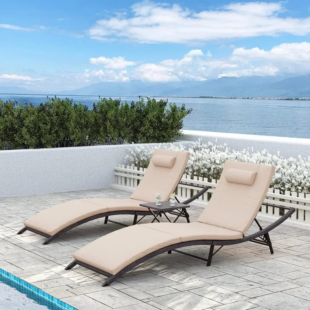 Outdoor Rattan Patio Chaise Lounge Set With Folding Table