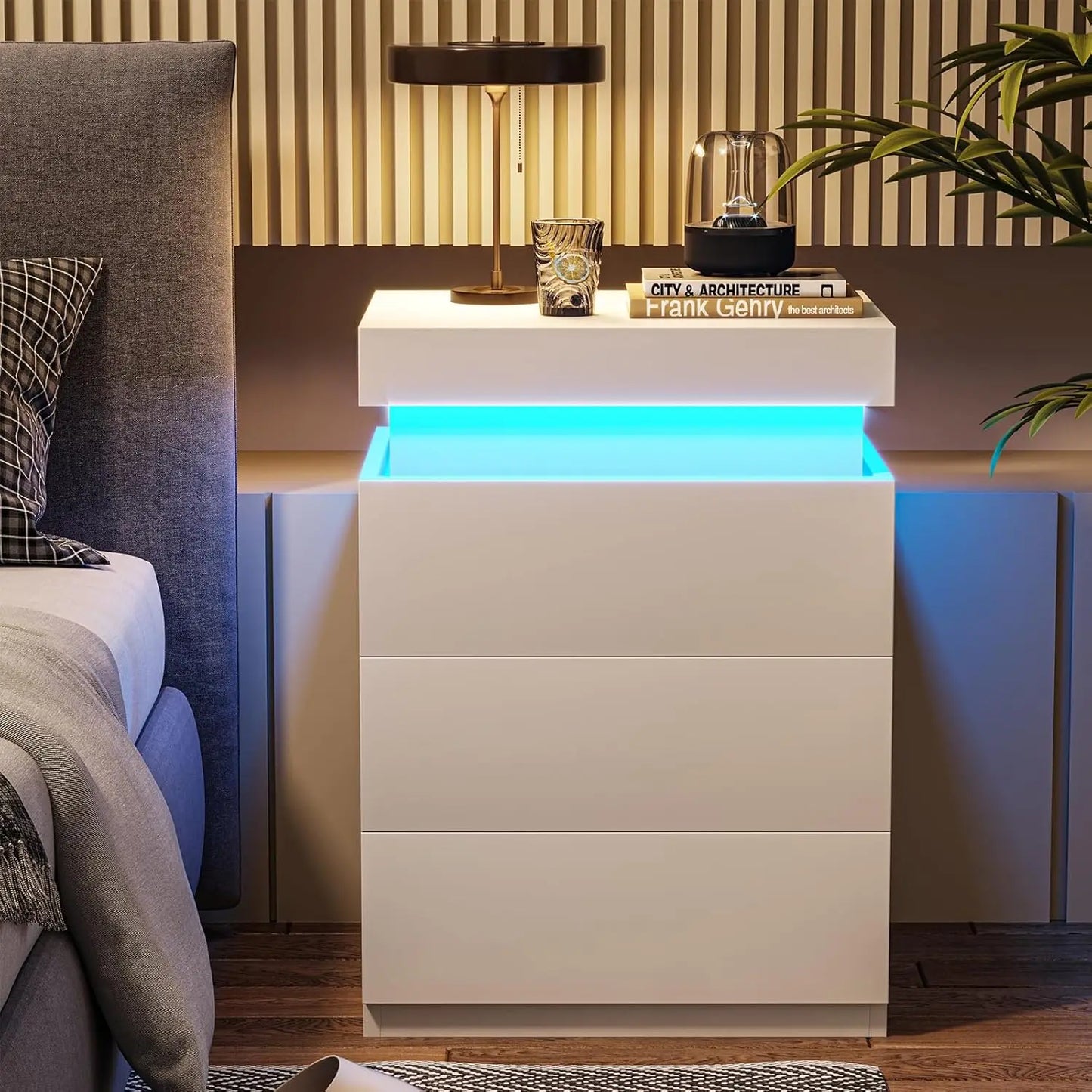Nightstand With Wireless Charging And LED Lights Sliding Drawer Bedside Table