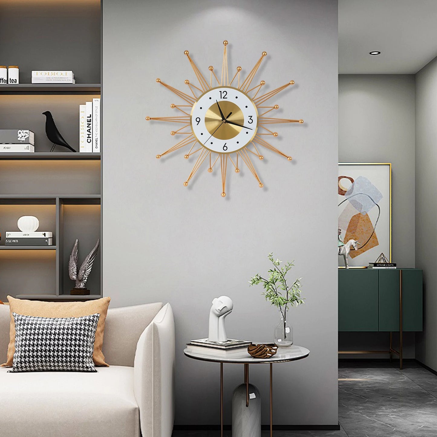 NONED Sunburst Iron Wall Clock Battery Powered Living Room Decor
