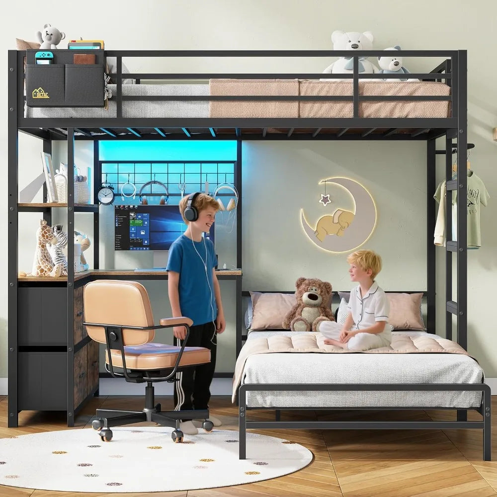 Metal Bunk Bed With L Shaped Desk And LED Lights