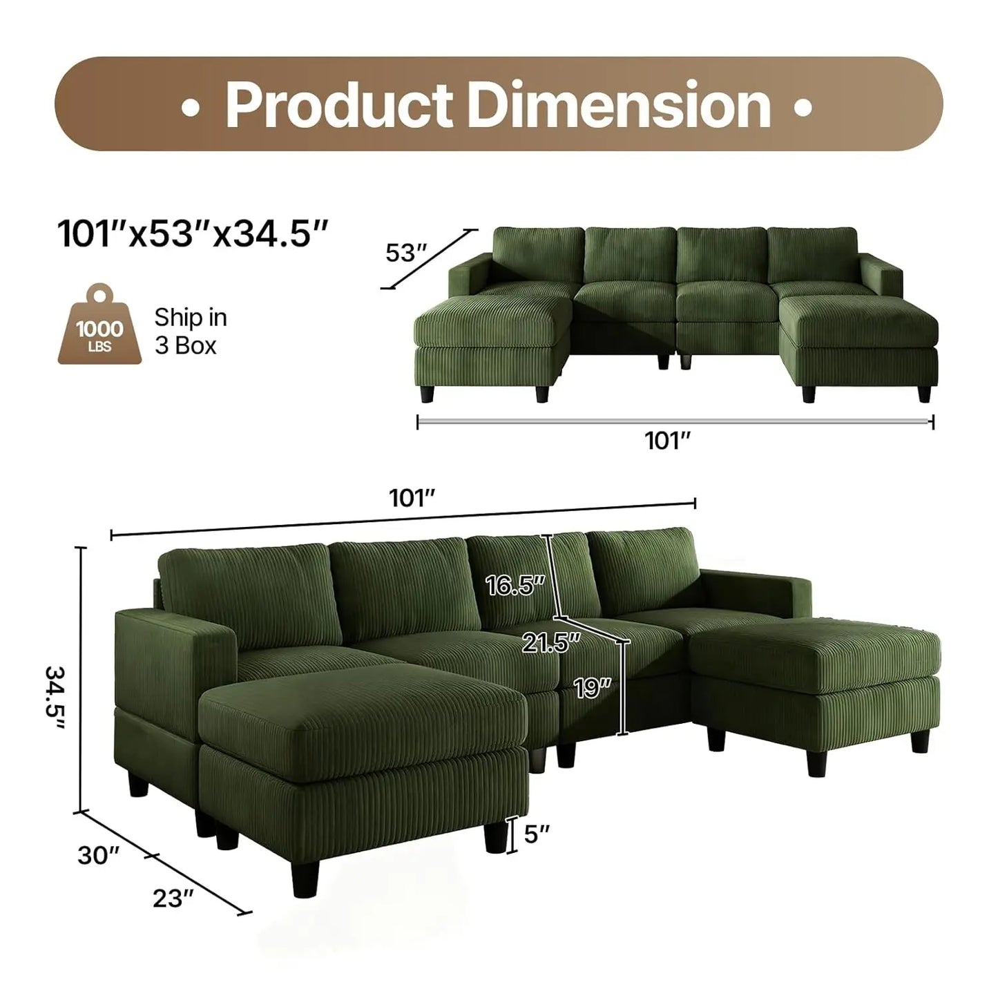 U Shaped Sectional Sofa With Two Ottomans Modern Home Furniture