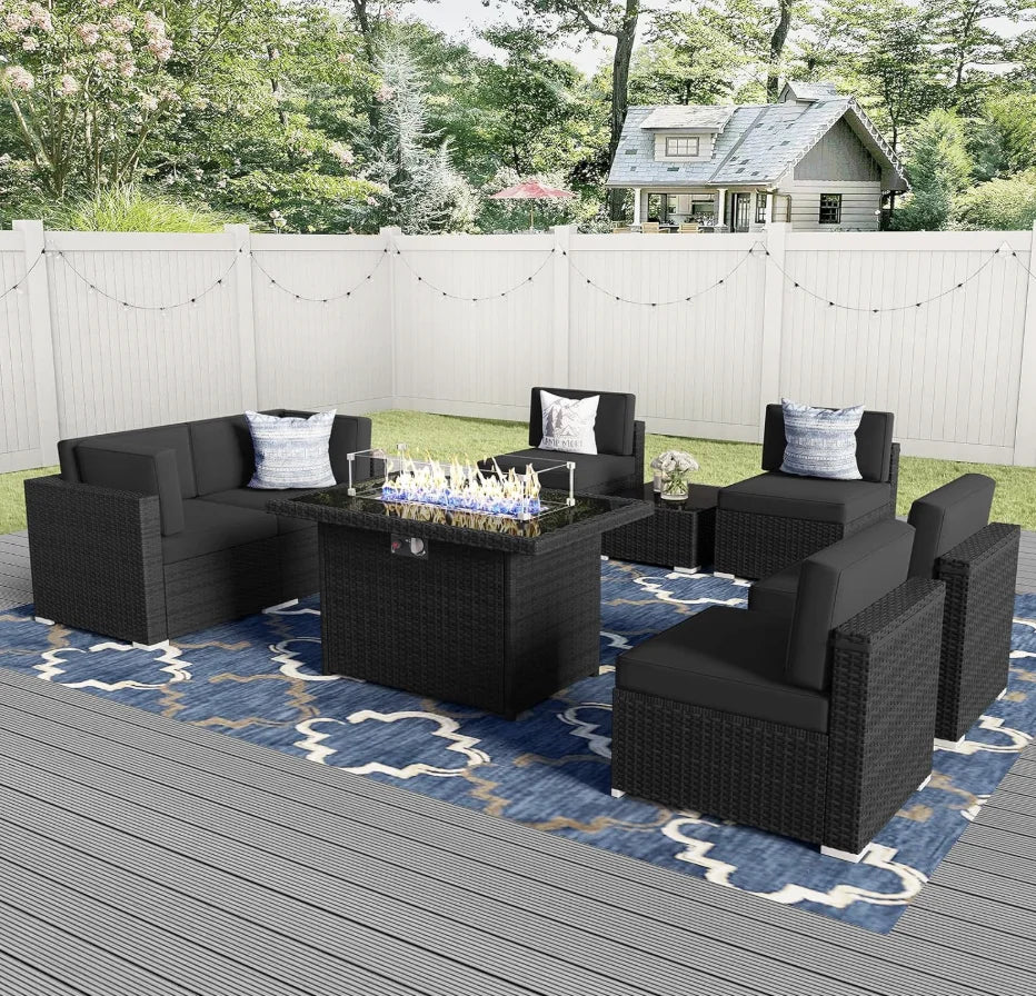 Eight Piece Outdoor Patio Furniture Set With Propane Fire Pit