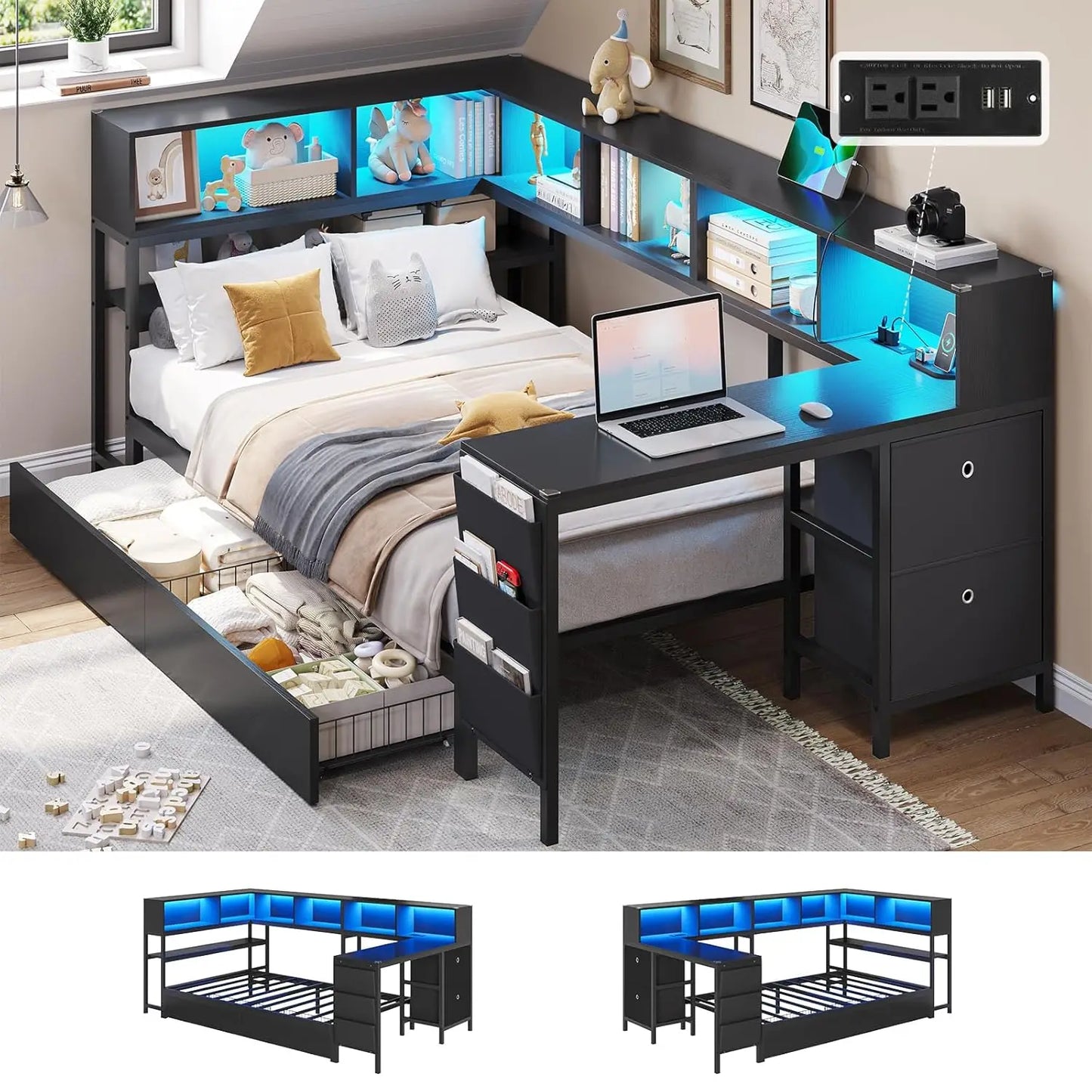 Corner Bed Frame With Desk Charging Station And Bookcase Storage