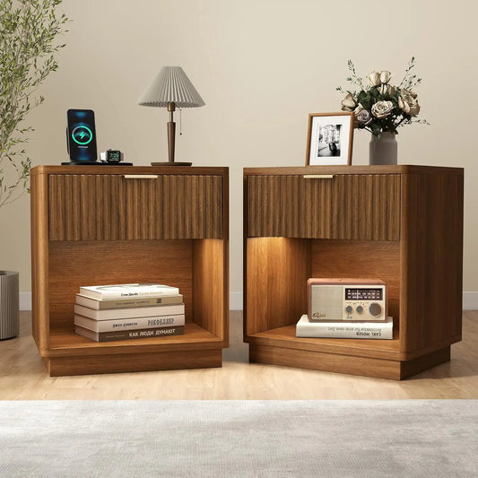 HUANZHUANG Fluted Nightstand With Charging Station Modern Bedside Table