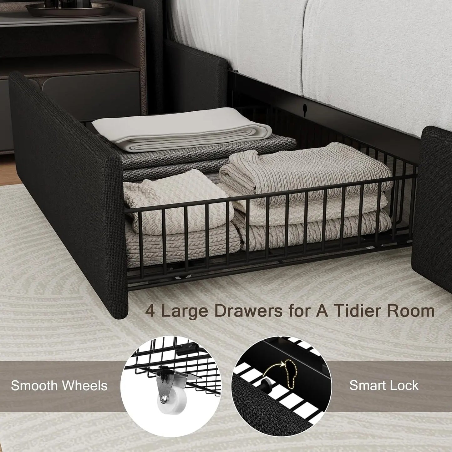 Bed Frame With Storage Drawers Charging Station Upholstered Headboard