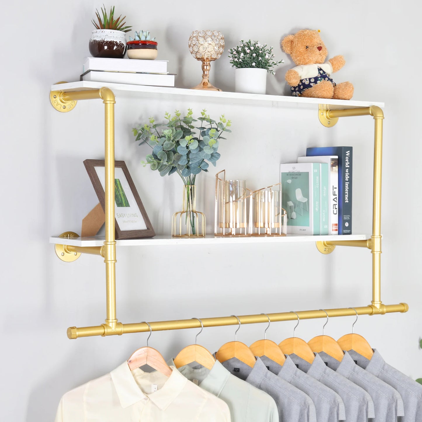 Industrial Pipe Wall Mounted Clothing Rack With Wood Shelves