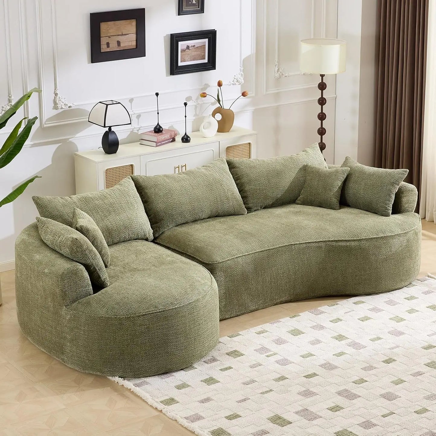 Oversized L Shaped Sectional Sofa With Curved Seat And Pillows
