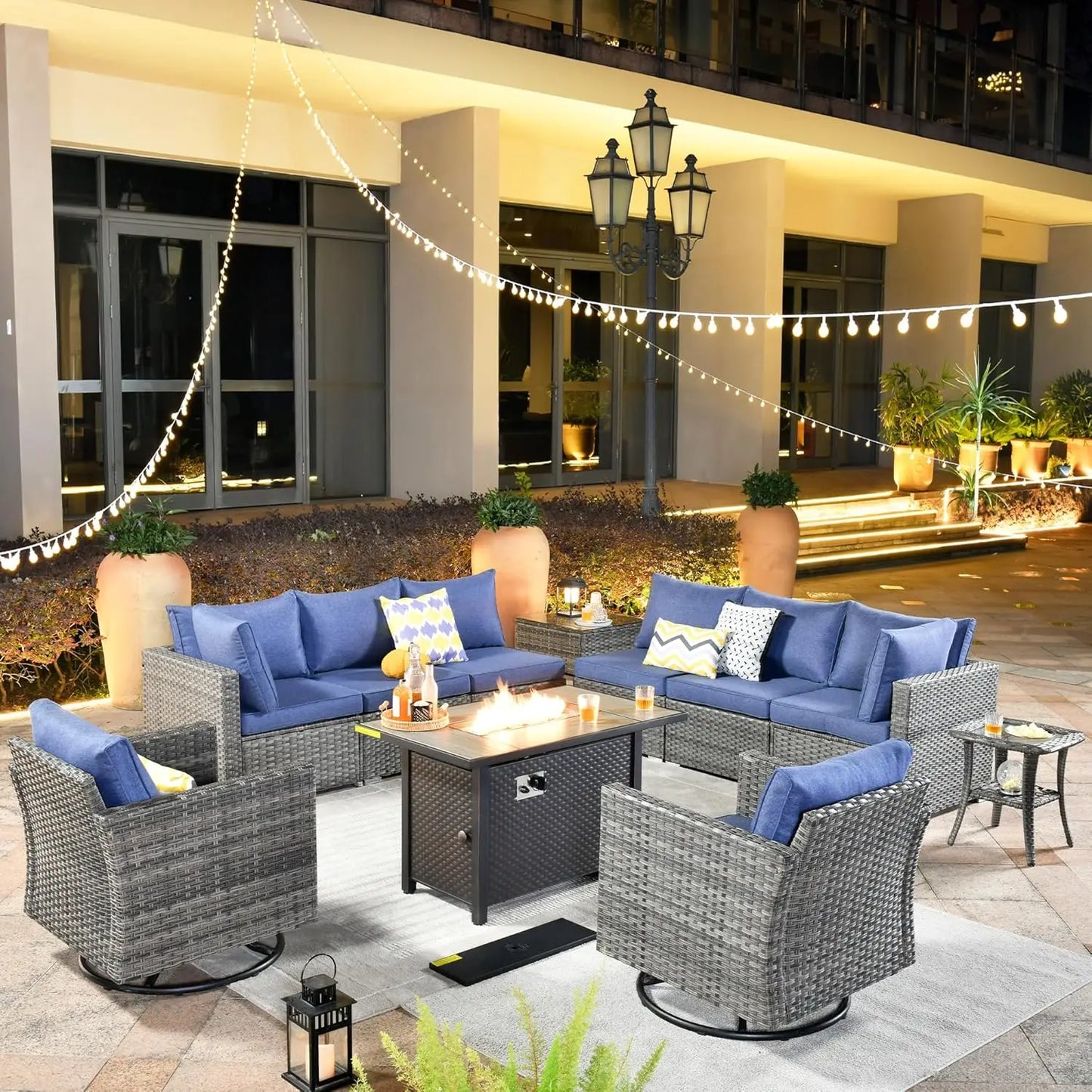 Outdoor Patio Fire Pit Conversation Set With Wicker Swivel Chairs