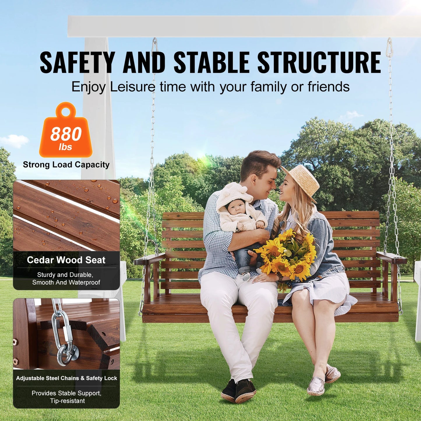 SucceBuy Cedar Wood Porch Swing With Steel Chains For Outdoor Patio