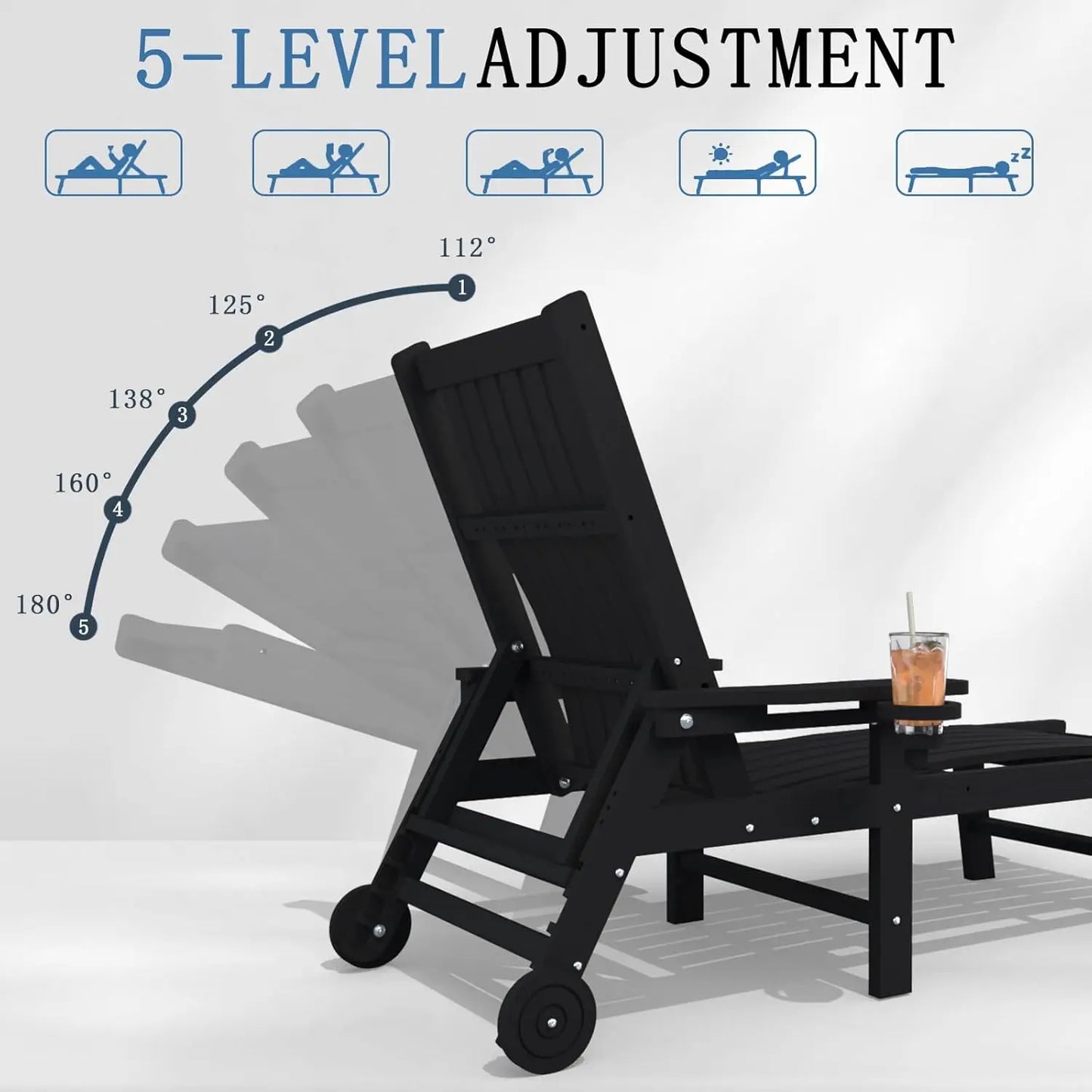 Patio Chaise Lounge Chairs Outdoor With 5 Positions HDPE