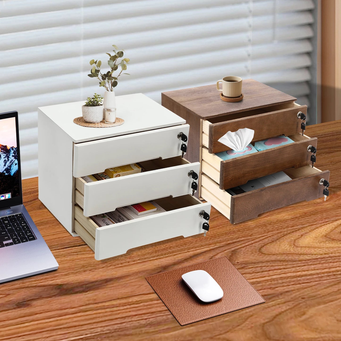 Wooden Desktop Storage Box With Lockable Drawers Office Organizer Cabinet