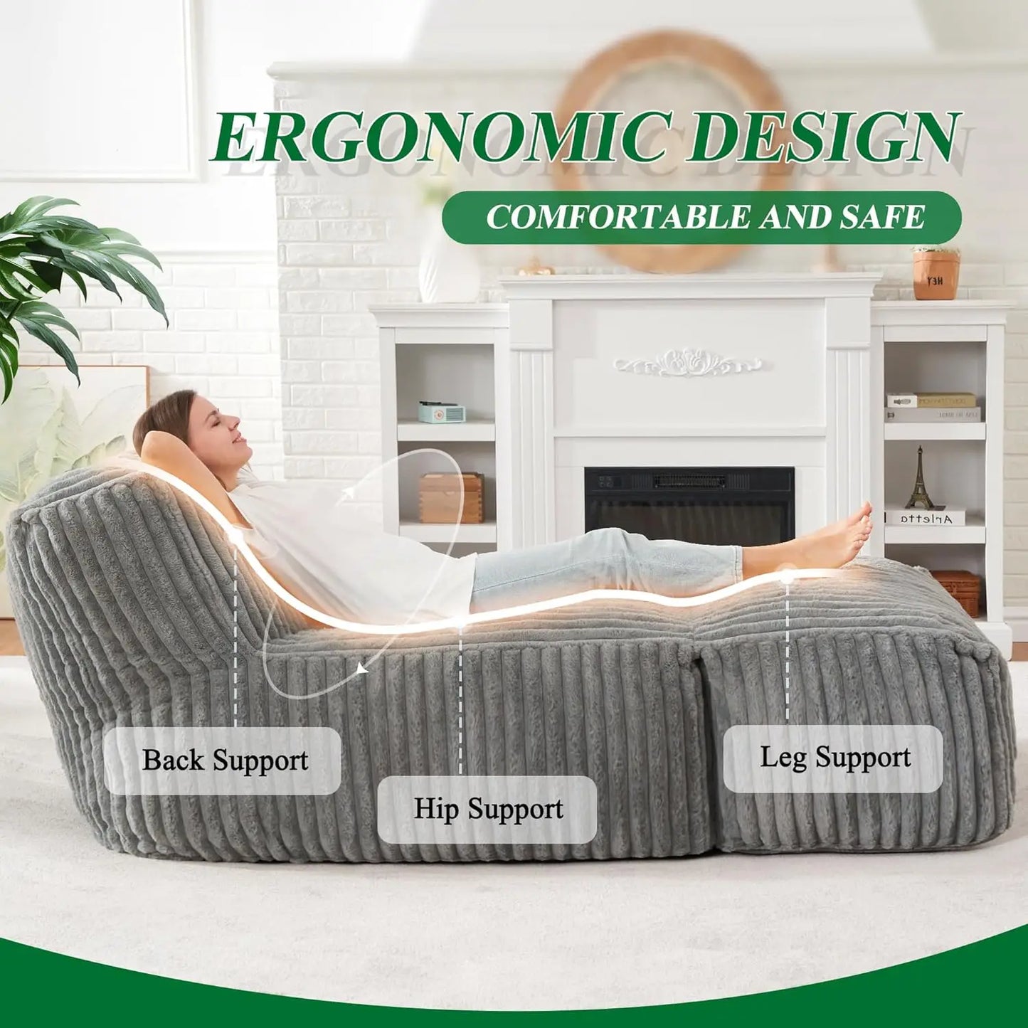 Memory Foam Bean Bag Chair With Ottoman For Adults Easy Wash Faux Fur Cover