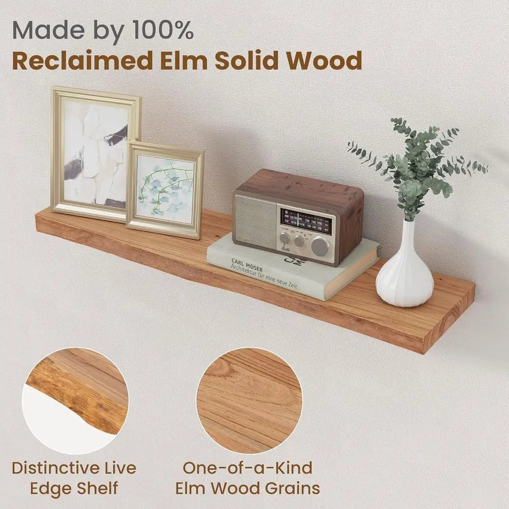OLOEY Rustic Elm Wood Live Edge Floating Wall Mounted Shelves