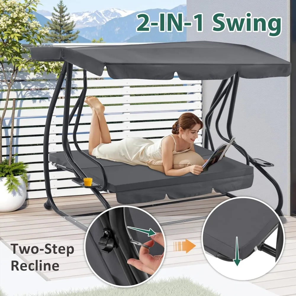 Three Seat Patio Swing Chair With Adjustable Canopy And Weather Resistant Steel